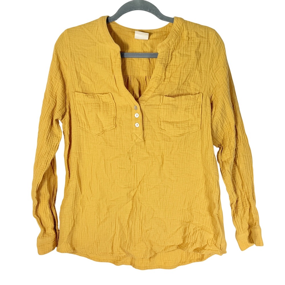 Mote Womens Mustard Yellow Cotton Gauze Henley Top Long Sleeve Medium Cottage bo